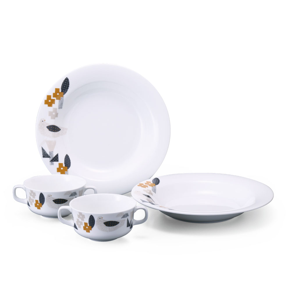 【25％OFF】バード＆フラワー ディーププレート＆スープカップ 2人用 電子レンジ温め 食洗機対応 (52458-23373)